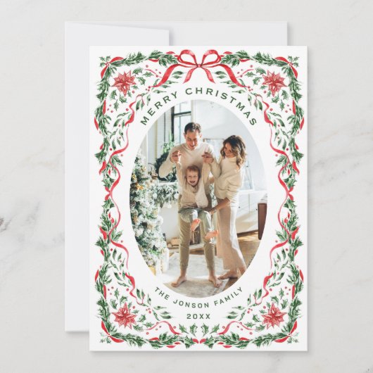 Christmas Funky Whimsical Red Bow Wreath 2 Photo Feestdagenkaart (Voorkant)