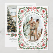 Christmas Funky Whimsical Red Bow Wreath 2 Photo Feestdagenkaart (Voorkant / Achterkant)