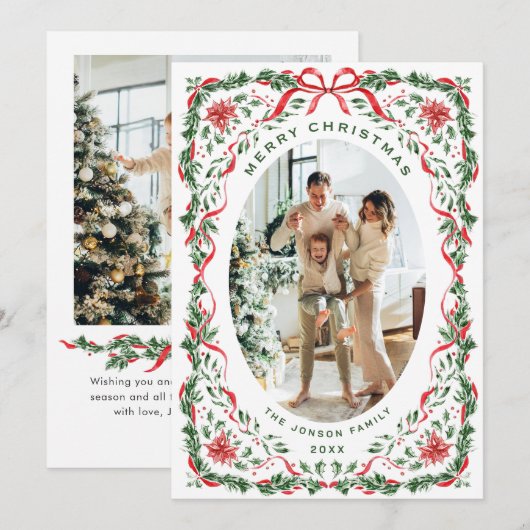 Christmas Funky Whimsical Red Bow Wreath 2 Photo Feestdagenkaart (Voorkant / Achterkant)