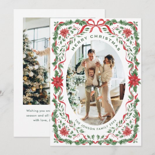 Christmas Funky Whimsical Red Bow Wreath 2 Photo Feestdagenkaart (Voorkant / Achterkant)