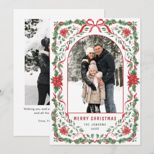 Christmas Funky Whimsical Red Bow Wreath 2 Photo Feestdagenkaart (Voorkant / Achterkant)