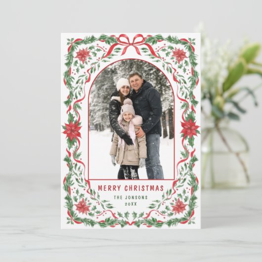 Christmas Funky Whimsical Red Bow Wreath 2 Photo Feestdagenkaart (Staand voorkant)