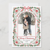 Christmas Funky Whimsical Red Bow Wreath 2 Photo Feestdagenkaart (Voorkant)