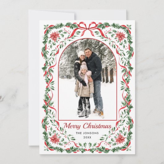 Christmas Funky Whimsical Red Bow Wreath 2 Photo Feestdagenkaart (Voorkant)
