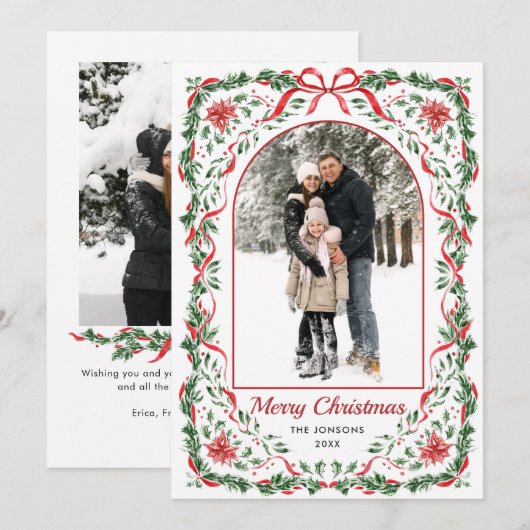 Christmas Funky Whimsical Red Bow Wreath 2 Photo Feestdagenkaart (Voorkant / Achterkant)