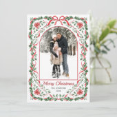 Christmas Funky Whimsical Red Bow Wreath 2 Photo Feestdagenkaart (Staand voorkant)