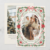 Christmas Funky Whimsical Red Bow Wreath 2 Photo Feestdagenkaart (Voorkant / Achterkant)