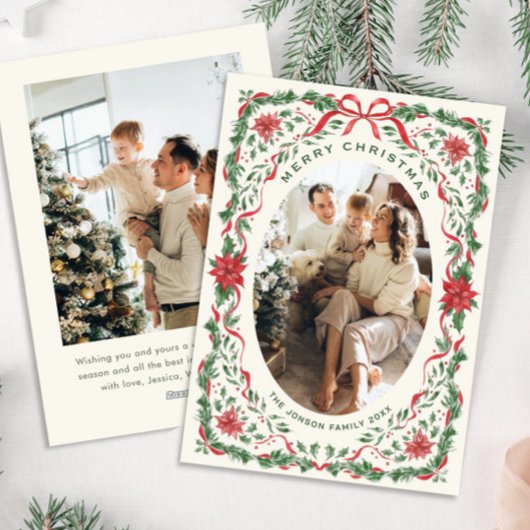 Christmas Funky Whimsical Red Bow Wreath 2 Photo Feestdagenkaart