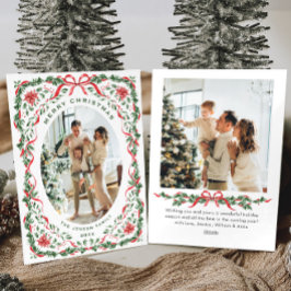 Christmas Funky Whimsical Red Bow Wreath 2 Photo Feestdagenkaart