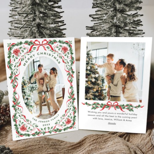 Christmas Funky Whimsical Red Bow Wreath 2 Photo Feestdagenkaart