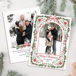 Christmas Funky Whimsical Red Bow Wreath 2 Photo Feestdagenkaart