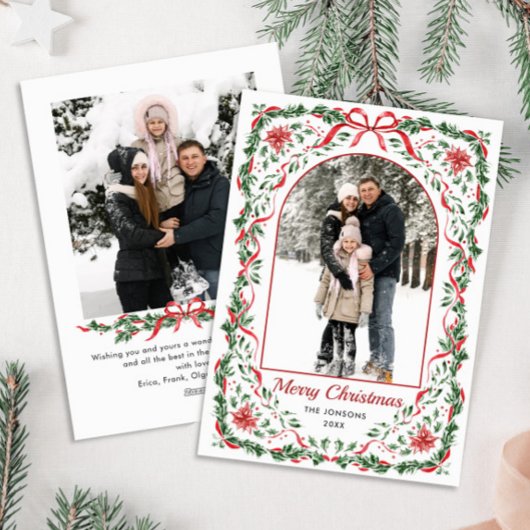 Christmas Funky Whimsical Red Bow Wreath 2 Photo Feestdagenkaart