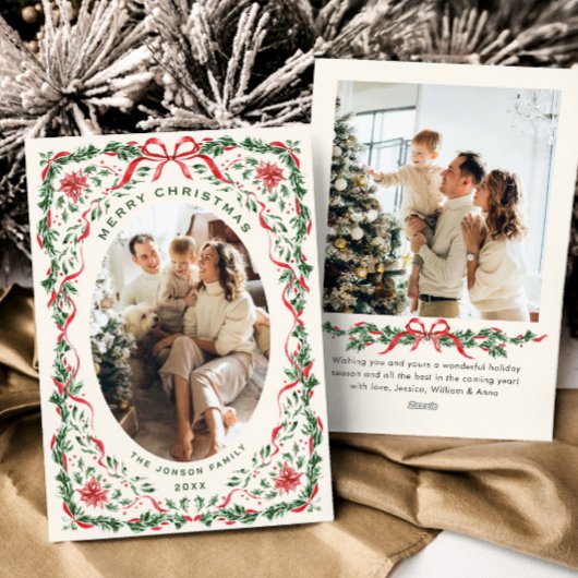 Christmas Funky Whimsical Red Bow Wreath 2 Photo Feestdagenkaart