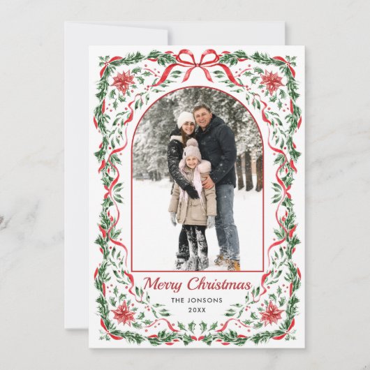 Christmas Funky Whimsical Red Bow Wreath 5 Photo Feestdagenkaart (Voorkant)