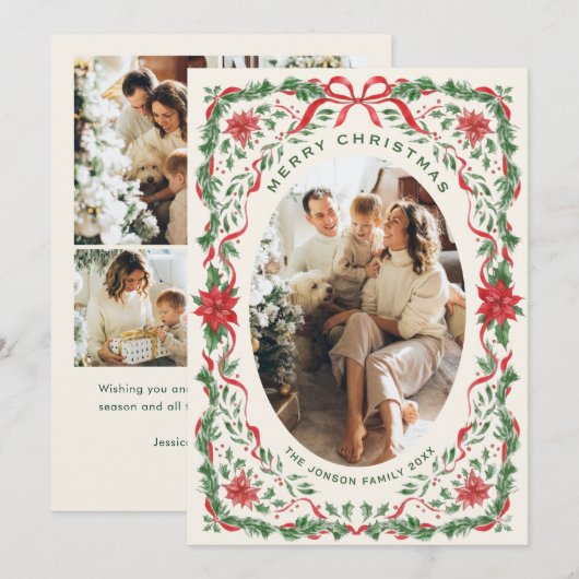 Christmas Funky Whimsical Red Bow Wreath 5 Photo Feestdagenkaart (Voorkant / Achterkant)