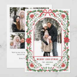Christmas Funky Whimsical Red Bow Wreath 5 Photo Feestdagenkaart