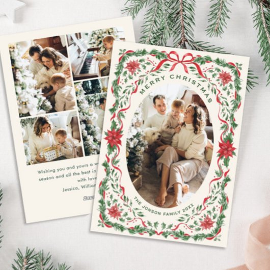 Christmas Funky Whimsical Red Bow Wreath 5 Photo Feestdagenkaart