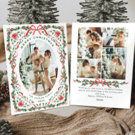Christmas Funky Whimsical Red Bow Wreath 5 Photo Feestdagenkaart