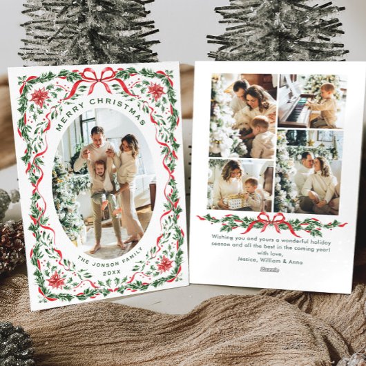 Christmas Funky Whimsical Red Bow Wreath 5 Photo Feestdagenkaart