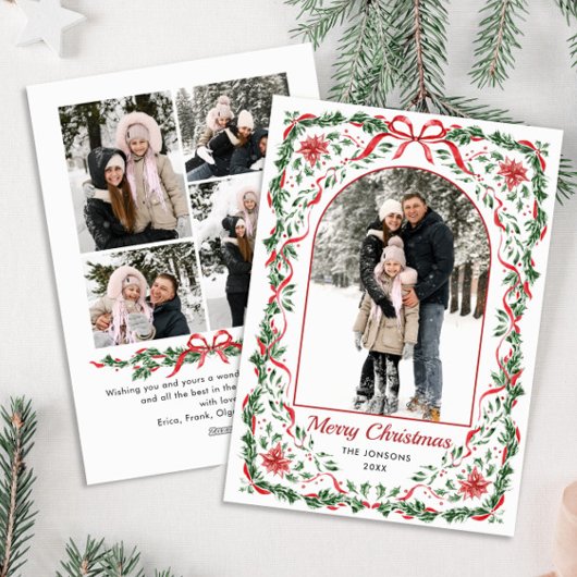 Christmas Funky Whimsical Red Bow Wreath 5 Photo Feestdagenkaart