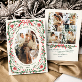 Christmas Funky Whimsical Red Bow Wreath 5 Photo Feestdagenkaart