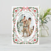 Christmas Funky Whimsical Red Bow Wreath 5 Photo Feestdagenkaart (Staand voorkant)