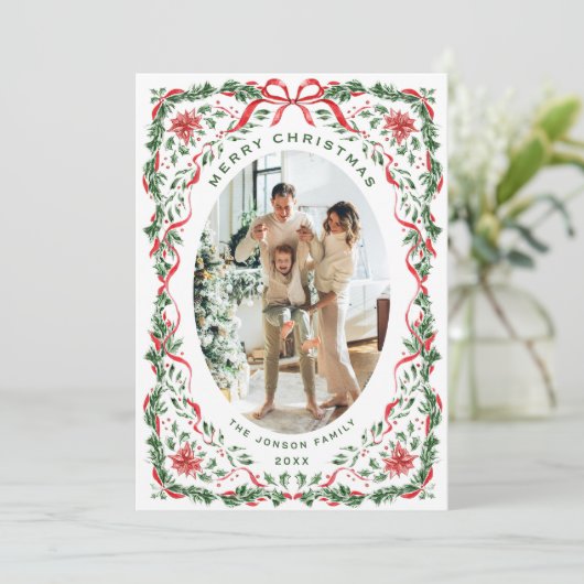 Christmas Funky Whimsical Red Bow Wreath 5 Photo Feestdagenkaart (Staand voorkant)