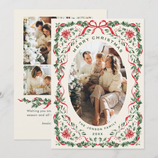Christmas Funky Whimsical Red Bow Wreath 5 Photo Feestdagenkaart (Voorkant / Achterkant)