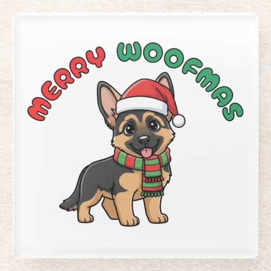 Christmas German Shepherd Coaster: Merry Woofmas Glazen Onderzetter (Voorkant)