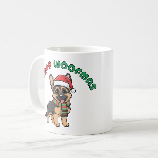Christmas German Shepherd Mug: Merry Woofmas Koffiemok (Voorkant links)