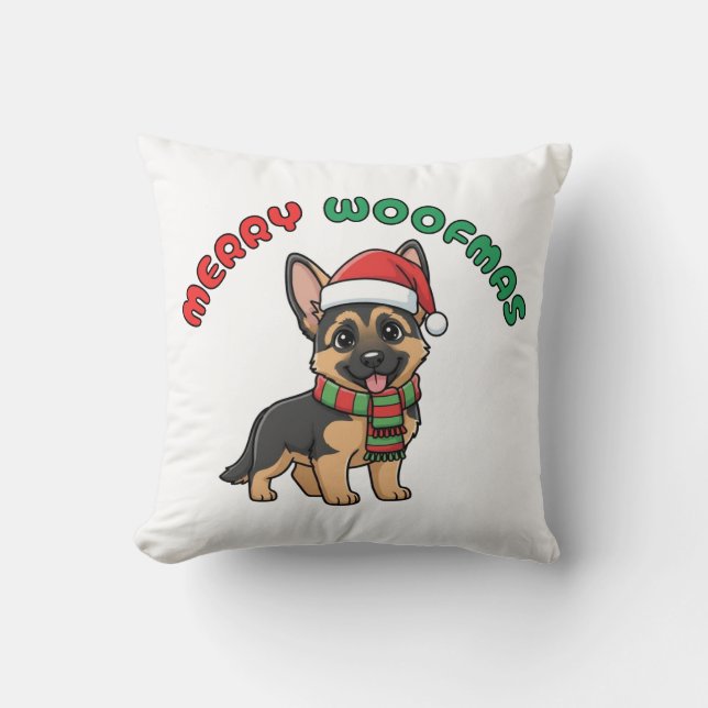 Christmas German Shepherd Pillow: Merry Woofmas Kussen (Voorkant)