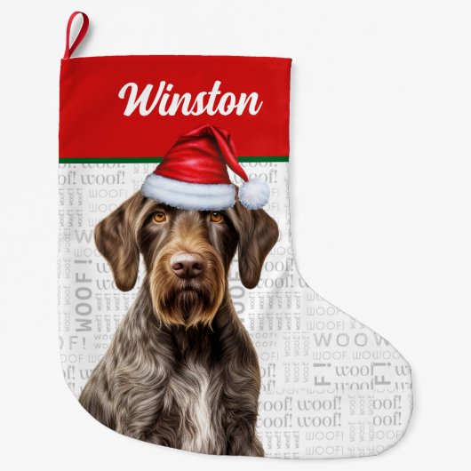 Christmas German Wirehaired Pointer with Name Woof Grote Kerstsok (Voorkant)