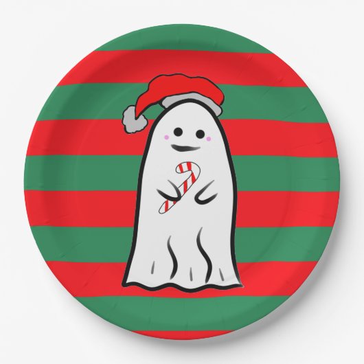Christmas Ghost on Red and Green Stripes Papieren Bordje (Voorkant)