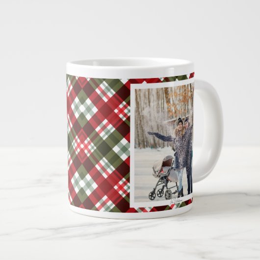 Christmas Gift 2 Photo Trendy Red Plaid Rustic Grote Koffiekop (Voorkant rechts)