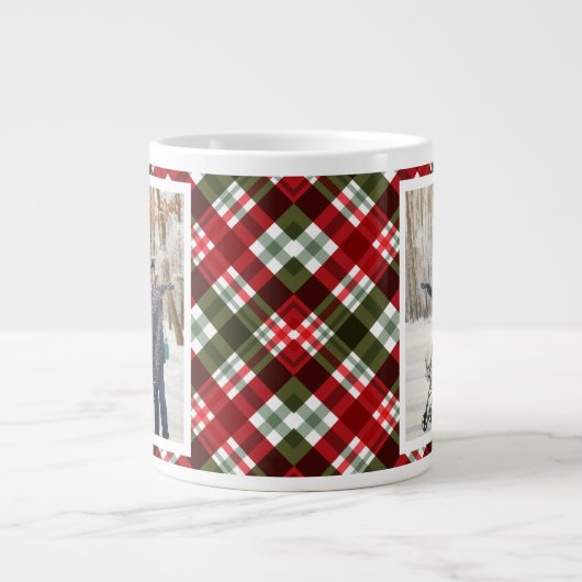 Christmas Gift 2 Photo Trendy Red Plaid Rustic Grote Koffiekop (Voorkant)