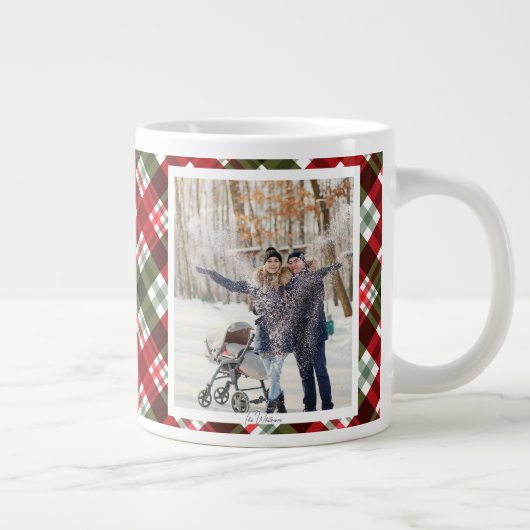 Christmas Gift 2 Photo Trendy Red Plaid Rustic Grote Koffiekop (Rechts)