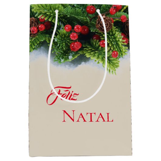 Christmas Gift Bag-Evergreen Feliz Natal Medium Cadeauzakje (Voorkant)