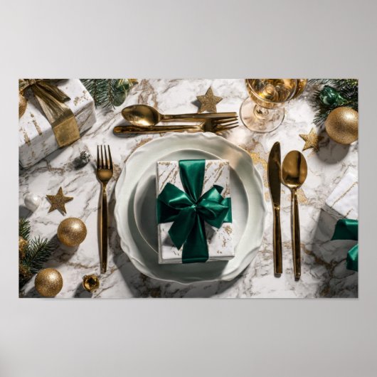 Christmas Gift Box with Green Ribbon on Festive Ta Poster (Voorkant)