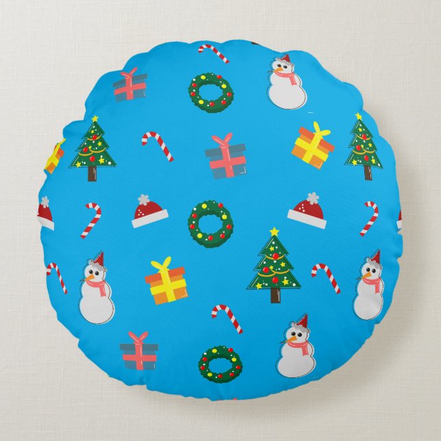 Christmas Gift – Cute Holiday Pattern with Snowman Rond Kussen (Voorkant)
