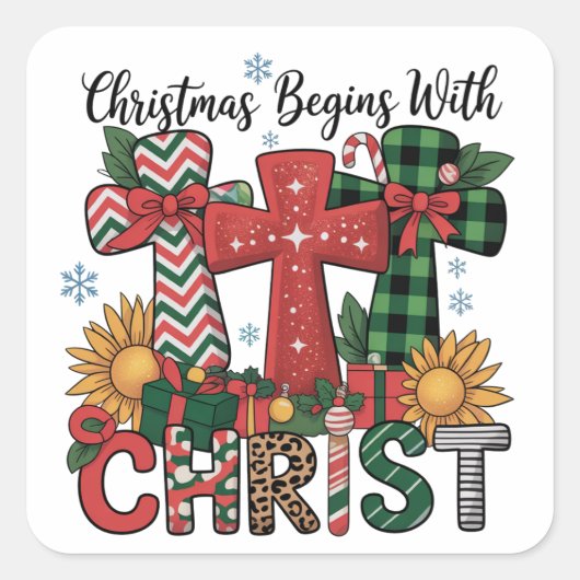 Christmas Gift Merry Xmas Plaid Religious Cross  Vierkante Sticker (Voorkant)