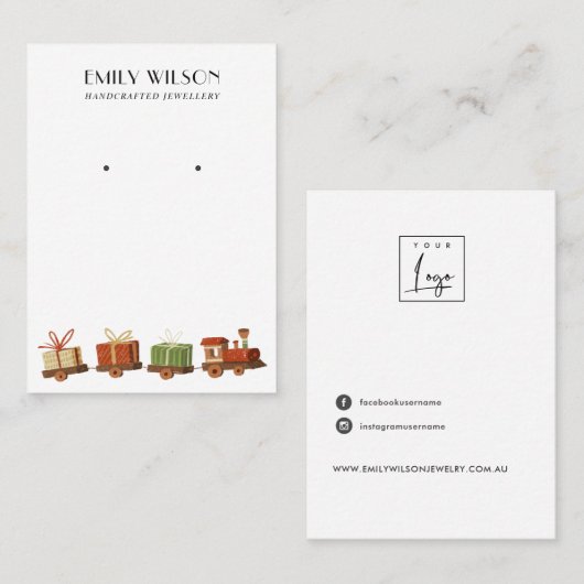 CHRISTMAS GIFT SPEELGOED TRAIN STUD EARRING DISPLA VISITEKAARTJE (Voorkant / Achterkant)