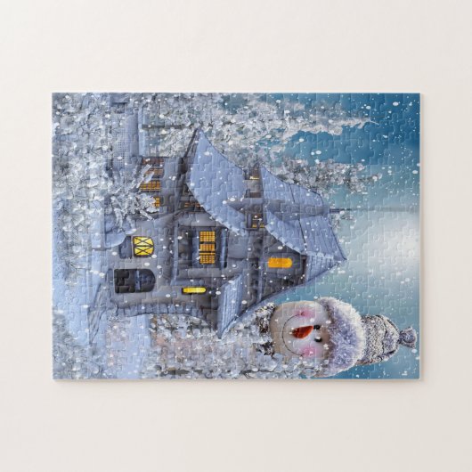 Christmas Gift Winter White Snowman Blue Rustic Legpuzzel (Horizontaal)
