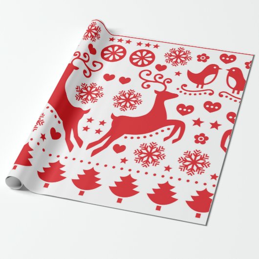 CHRISTMAS GIFT WRAP SCANDINAVIAN REINDEER IN RED CADEAUPAPIER (Uitgerold)