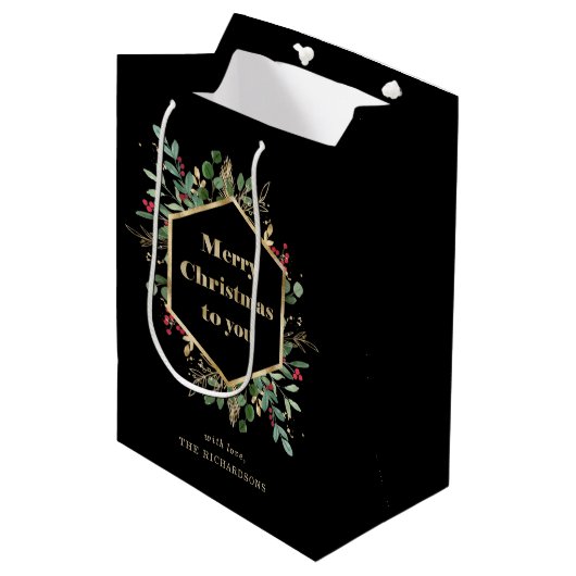 Christmas Gilded Greenery on Black | Holiday Medium Cadeauzakje (Voorkant Gekanteld)