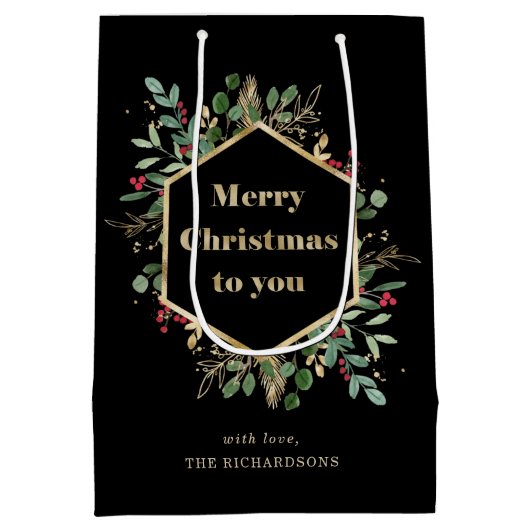 Christmas Gilded Greenery on Black | Holiday Medium Cadeauzakje (Achterkant)