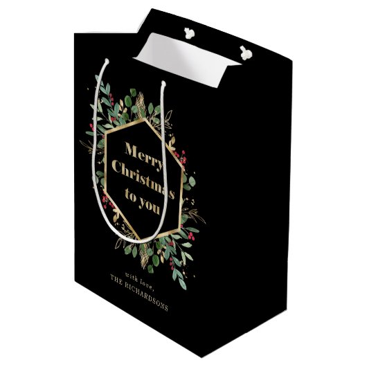 Christmas Gilded Greenery on Black | Holiday Medium Cadeauzakje (Achterkant Gekanteld)