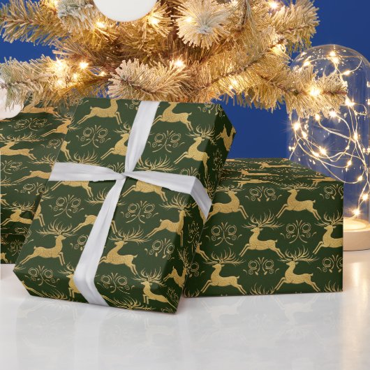 Christmas Gilded Leather Reindeer Green Cadeaupapier (Feestdagen)