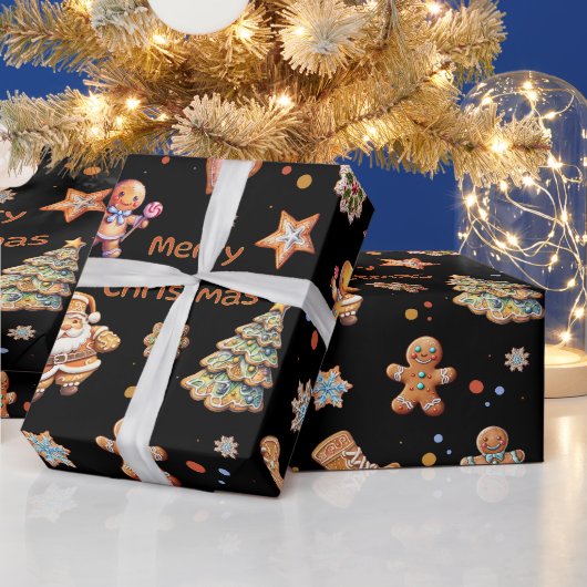 Christmas Gingerbread Fun Schattige Zwart Cadeaupapier (Feestdagen)