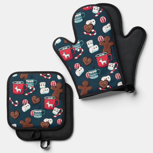 Christmas Gingerbread Hot Chocolate Kitchen Ovenwant & Pannenlap Set (Voorkant / Achterkant)