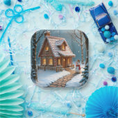 Christmas Gingerbread House With a Snowman Papieren Bordje (Feest)